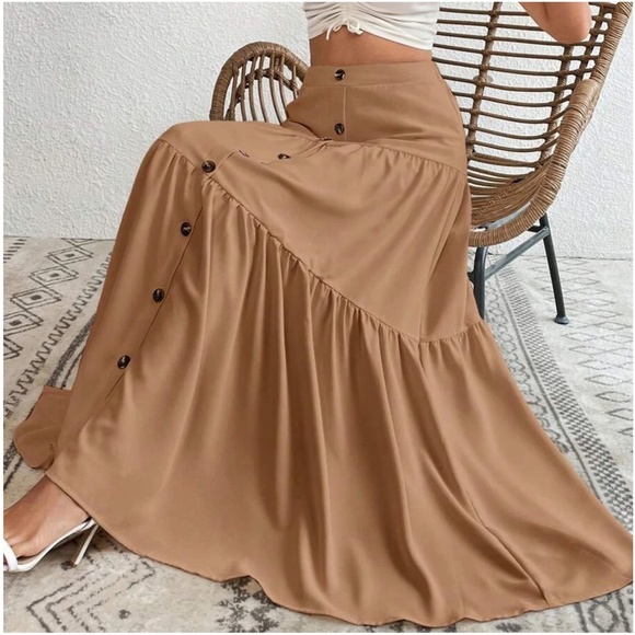 Solid High Waist Button Detail Ruffle Hem Maxi Skirt - Picture 13 of 15